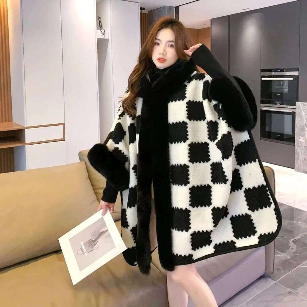 New Thickened Lamb Wool Plaid Plus Size Hooded Mid-Length Casual Shawl Cape Warm Winter Ultra Giant Thick