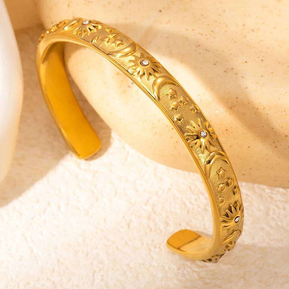 ZAKOL Stainless Steel Moon Star Sun Bangle Bracelet Gold Sliver Open Wrist Vintage Fashion Party Jewelry Gift for Women
