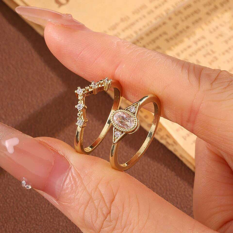 ZAKOL 2Pcs/Set Cubic Zirconia Set Rings for Women Bridal Geometric Water Drop Zircon Crystal Wedding Band Engagement Jewelry