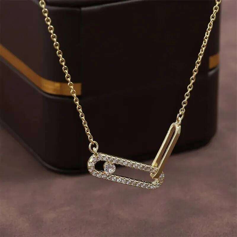 Creative Paper Clip Sided Square Pendant Necklace for Women Single Zircon Double Pin Geometric Necklaces Jewelry Gifts