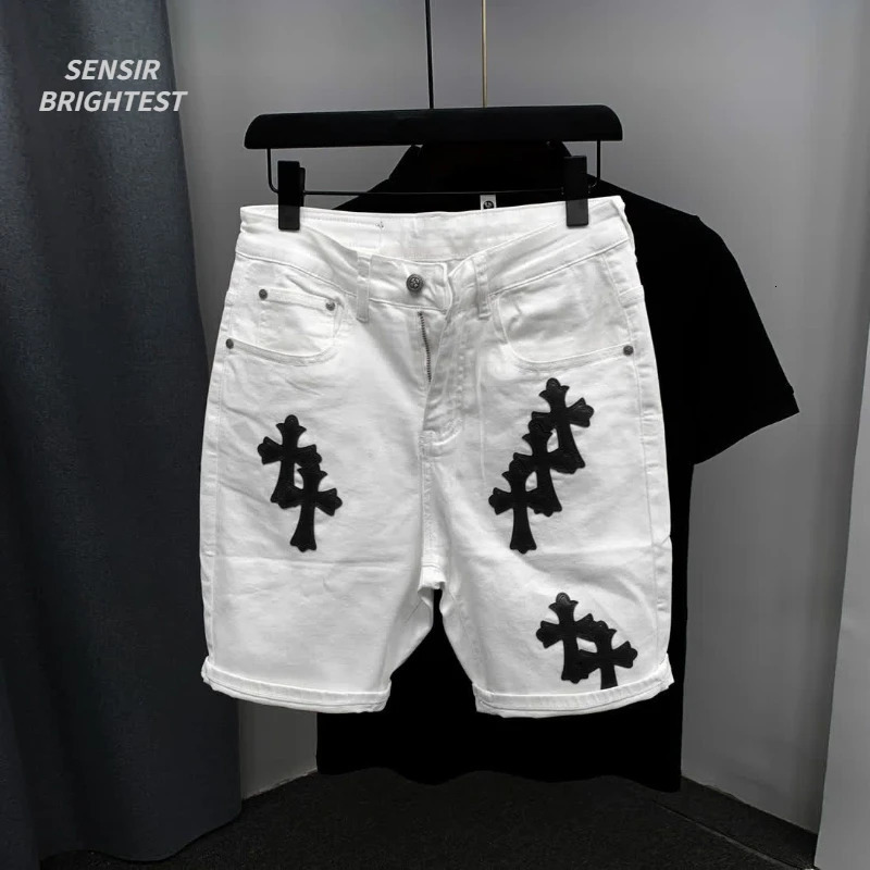 Summer Cotton Elastic Shorts Mens American Style Street Fashion Embroidered White Denim Shorts For Men And Women 251223