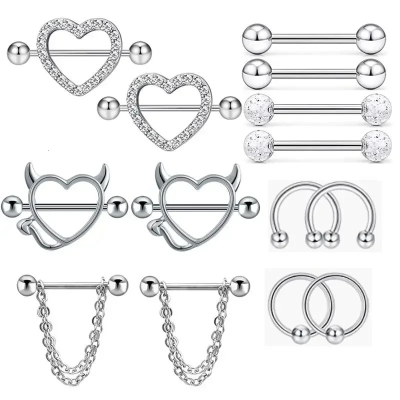 Fashion Stainless Steel Heart Nipple Piercing Set Jewelry Flower Nipple Barbell Pack Crystal Nipple Ring Lot Sexy Body Piercing 251224