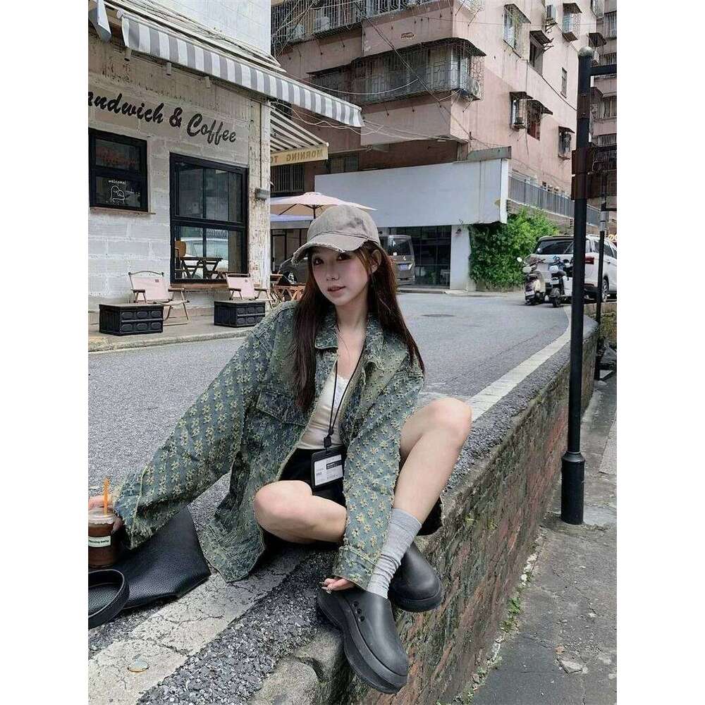 Women's Autumn Premium Jacquard Denim Jacket - Sweet & Designer Fashion 2026 Edgy Street Style, Vintage Relaxed Fit Biker Outerwear