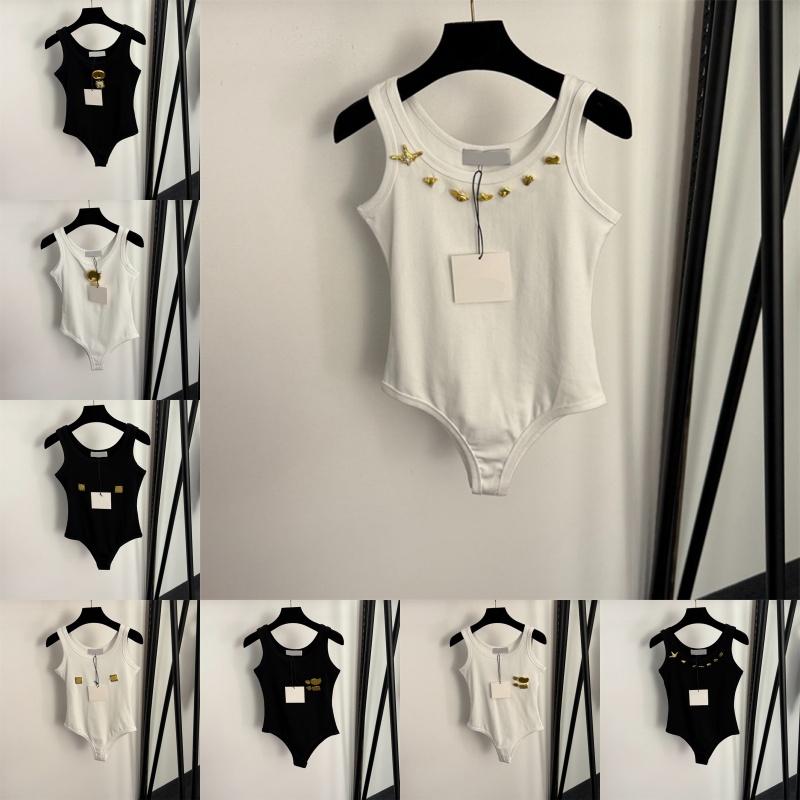 Luxury Women Sleeveless Jumpsuit Metal Badge Sexy Tank Leotard Summer Casual Racing Bodysuit