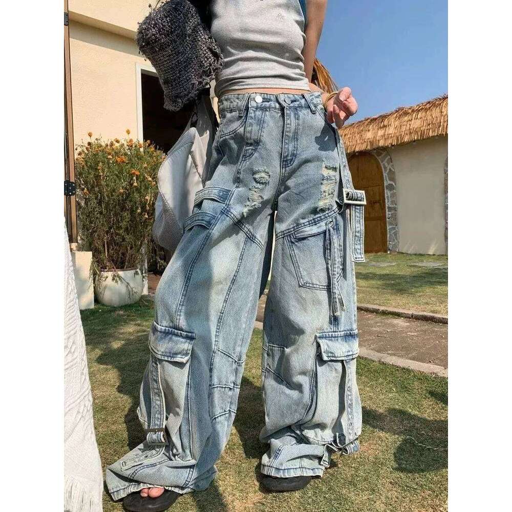 American Fashion Trends Joker Tooling Pocket Baggy Female Street Y2K New Hip Hop Oversized Wide-leg Pants Unisex Jeans
