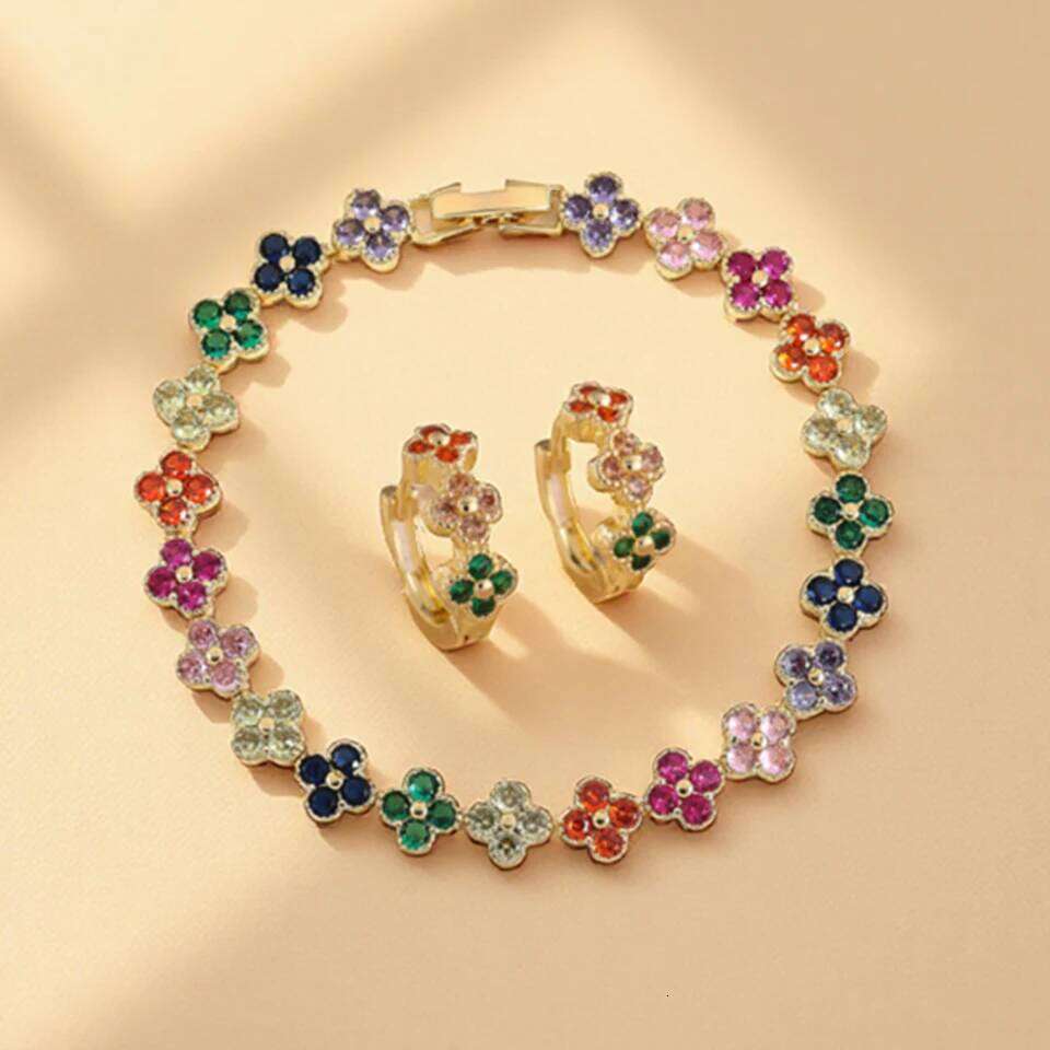 ZAKOL 2pcs/Set Colorful Random Zircon Flowers Bracelet Earring Set for Women Luxury Shining Crystal Bridal Wedding Party Jewelry