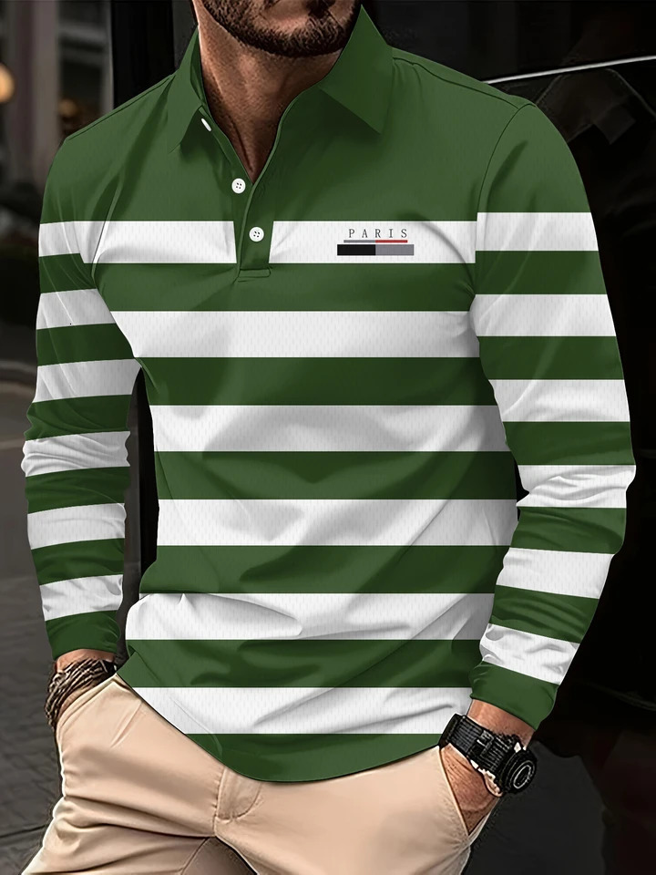 3D Paris Printed Mens Polo Shirts Autumn Classic Stripes Color Matching Fashion Turndown Collar Buttoned Long Sleeve Tops 251219