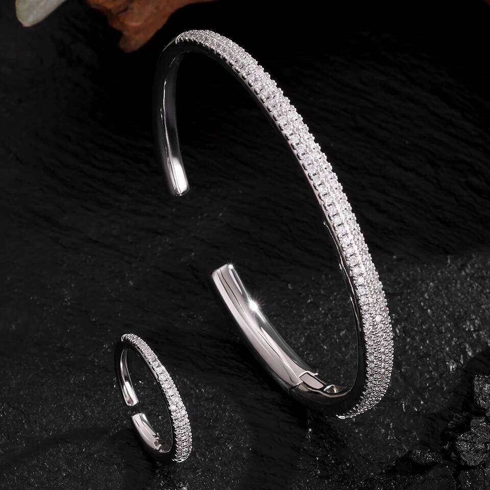 ZAKOL Buling Micro Zircon Inlaid Half Circle Open Ring And Bracelet Set Luxury Exquisite Versatile Bridal Wedding Party Jewelry