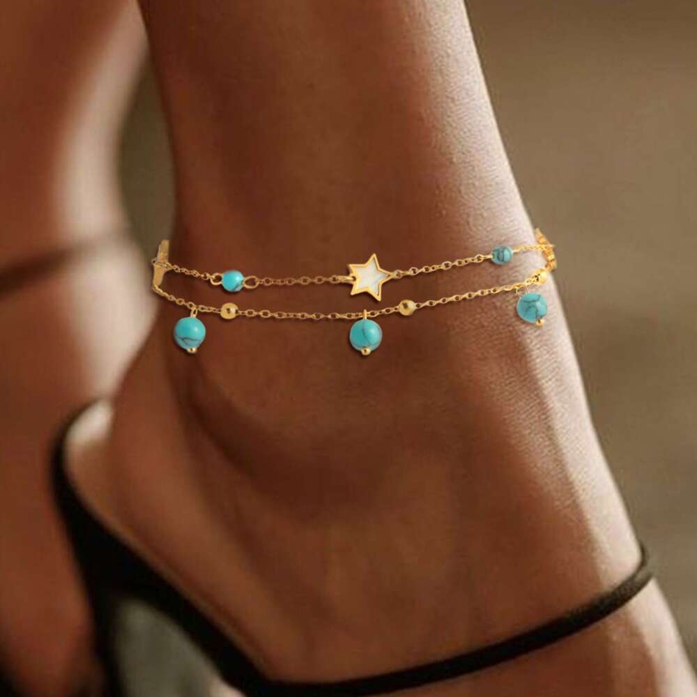 Foreign Trade Trend Turquoise Tassel Pendant Five-Pointed Star Inlaid Anklet Fashion Vacation Foot Ankle Chain Jewelry