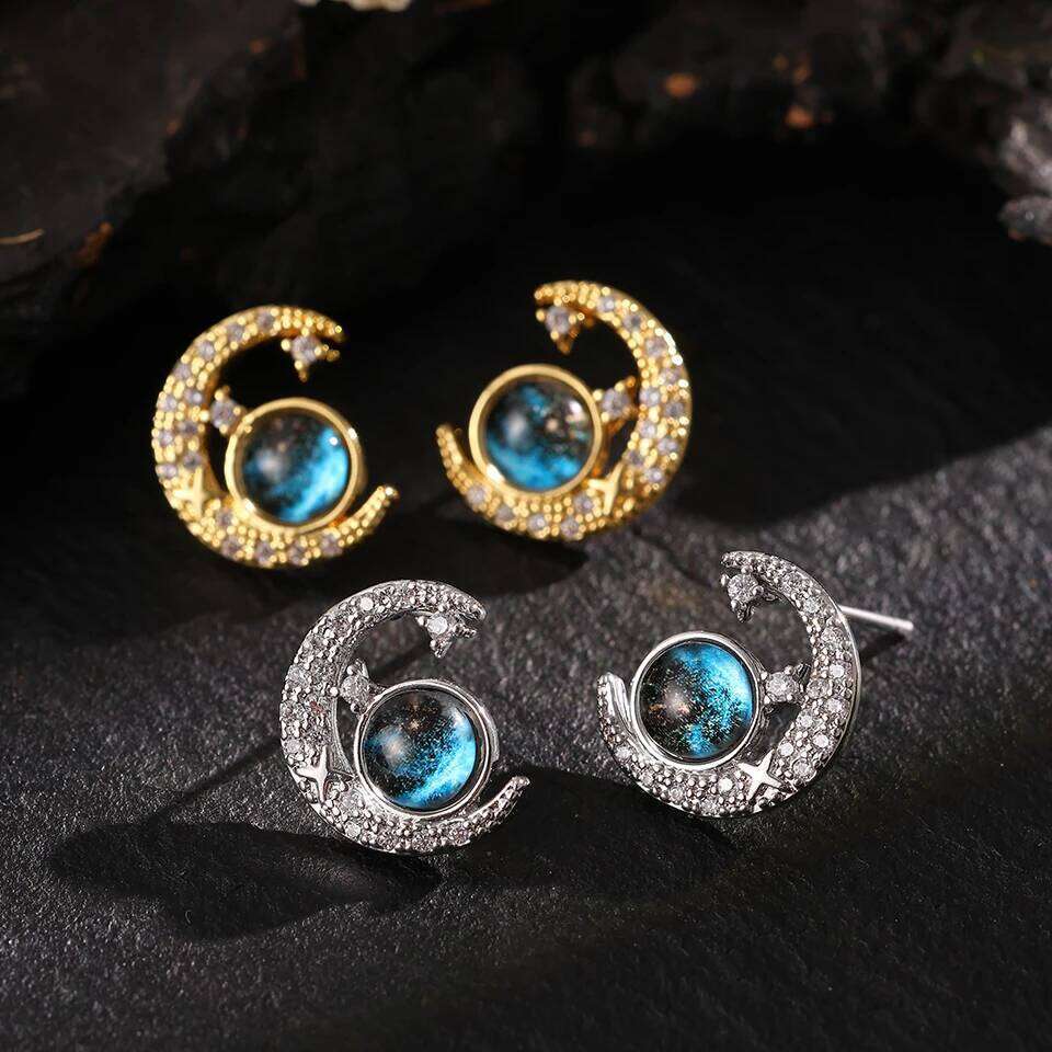 ZAKOL New Blue Planet Moon Astronaut Cubic Zirconia Stud Earrings for Women Fashion Party Jewelry Ear Accessories Gift