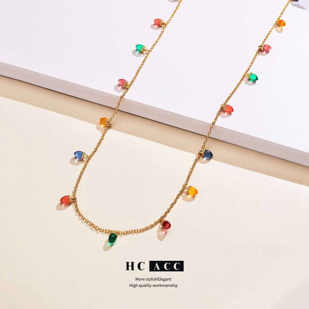 Cross-Border Christmas Lantern Necklace for Women, Niche Colorful Oil Drop Layered Design, High-End Necklace, Collarbone Chain