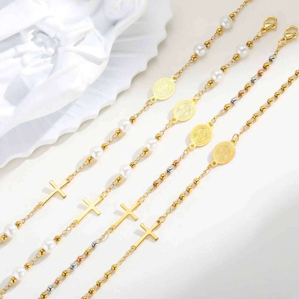 Holy Stainless Steel Cross Benedict Virgin Bracelet,Women's Gold Plated Beaded Chain Bracelets,Trendy Jewelry Gifts 25H1229