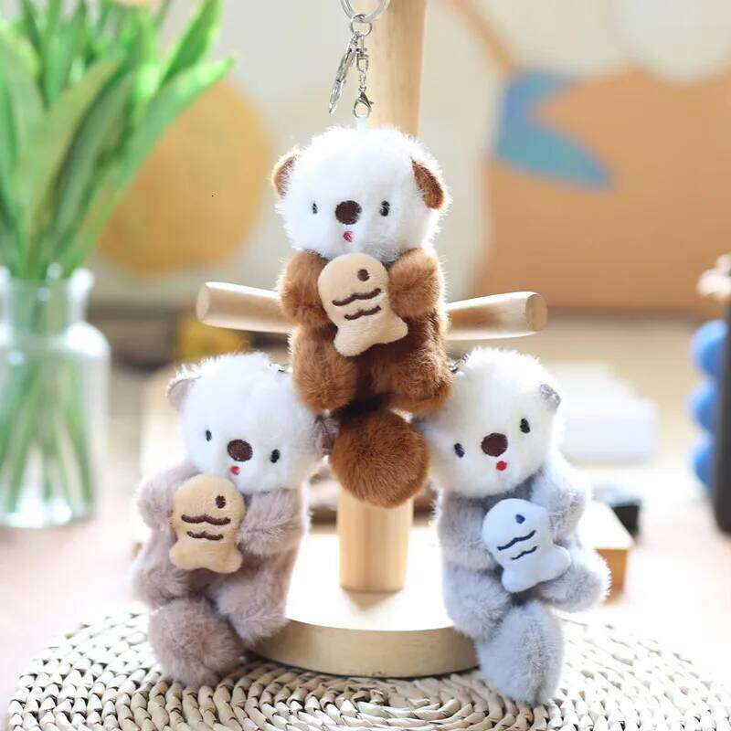 ZAKOL Cute Otters Holding Fish Plush Keychain Backpack Keyrings Bag Key Wallet Pendant Wholesale