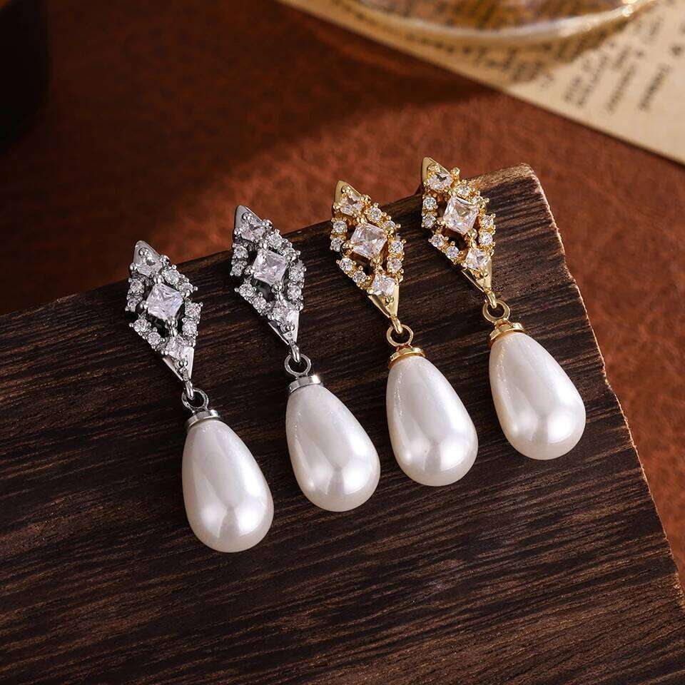 ZAKOL Fashion Geometric Zircon Teardrop Pearls Bridal Earrings Sliver Gold Color Banquet Party Accessories Jewelry Gift