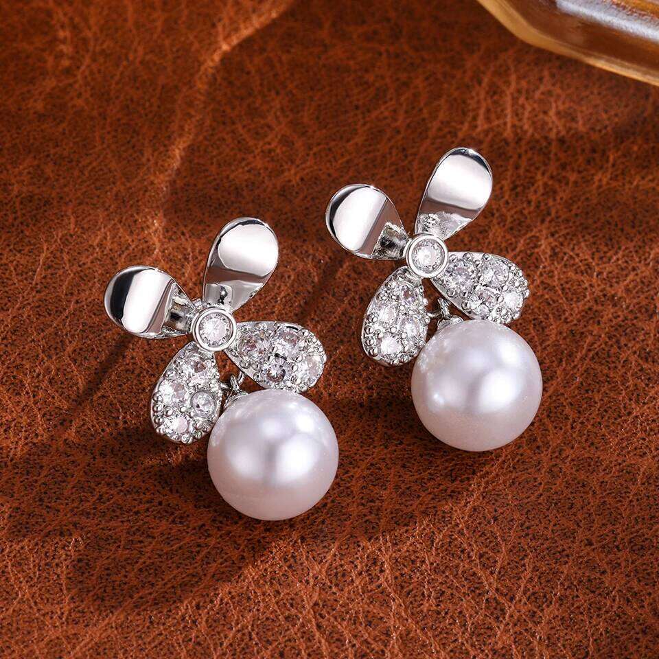 ZAKOL Elegant Four-leaf Flower Imitation Pearl Drop Dangle Earrings for Women Fancy Bride Brilliant CZ Wedding Jewelry