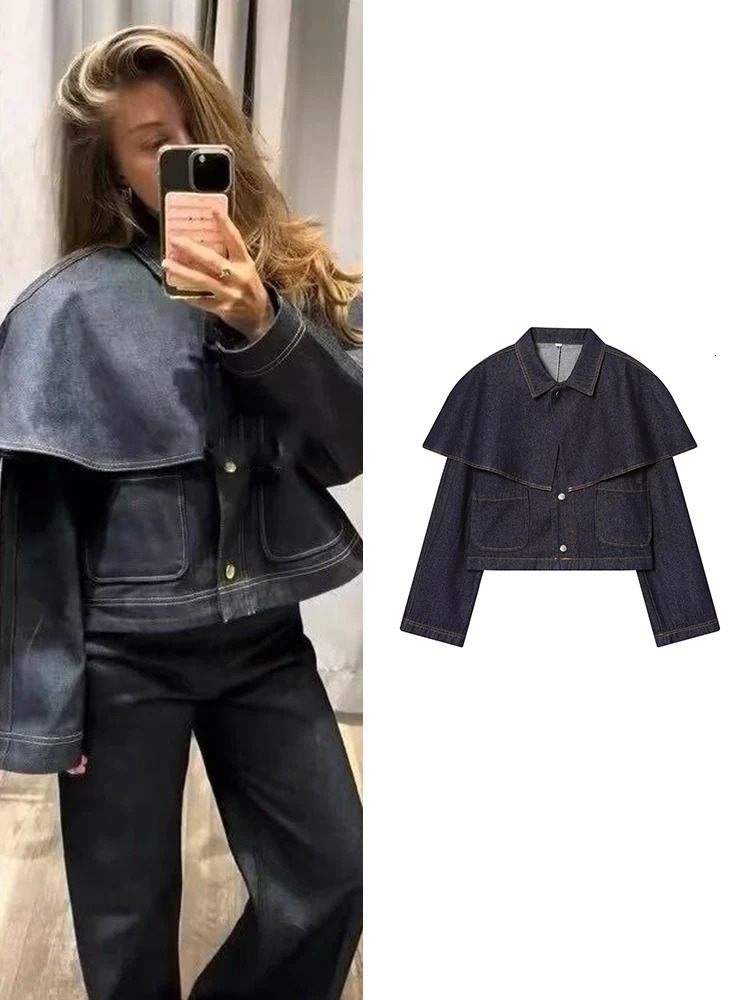 TFMLN Women Solid Pockets Chic Denim Coat Lapel Long Sleeve Cloak Spliced Single Breasted Streetwear Coats Female Clothes 251213
