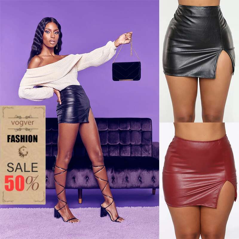 Women's Short Skirt Sexy Hot Girl Leather Waist-Cinching Bodycon Slit Slim Fit