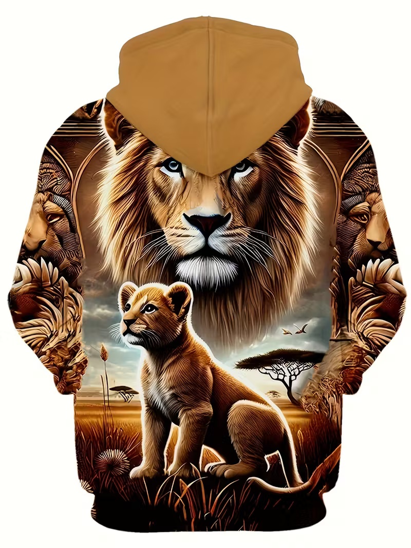 Retro African-inspired Men's Hoodie Lion Cubs on the Savannah All-Over Print 3D Print Relaxed Fit Casual Wild Style Pullover Hoodie