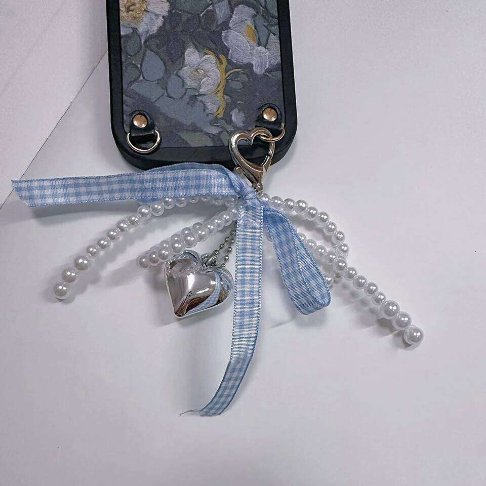 ZAKOL Y2K Delicate Beaded Pearl Chain With Heart Pendant Pink Blue Bow Tie Key Ring Ornament Decoration For Bags And Phones