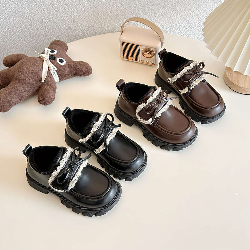 Girls' Bow Lace Fashion Princess Little Leather 2025 Autumn Winter New Korean Style Children's Fleece Cotton Shoes