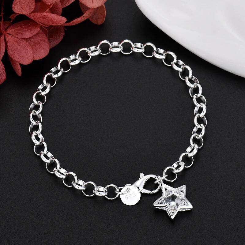 Classic 925 Sterling Silver Shining Crystal Star Bracelets for women Fashion designer party wedding Jewelry gifts 25H1229