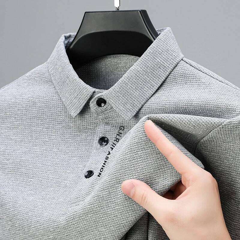 Men's Waffle Long Sleeved POLO Shirt With Letter Printed Lapel Casual Top