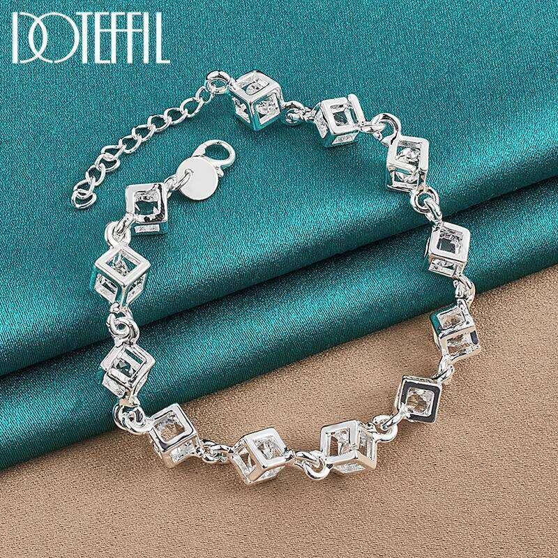 DOTEFFIL 925 Sterling Silver Square AAA Zircon Chain Bracelet For Women Wedding Engagement Party Fashion Jewelry 25H1229