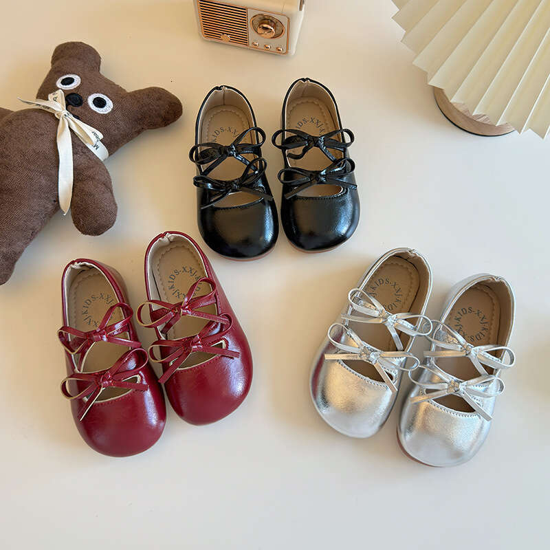 Korean Style Girls' Leather Shoes 2025 Spring and Autumn New Bow Princess Ballet Flats Soft Sole Slip-On Moccasins