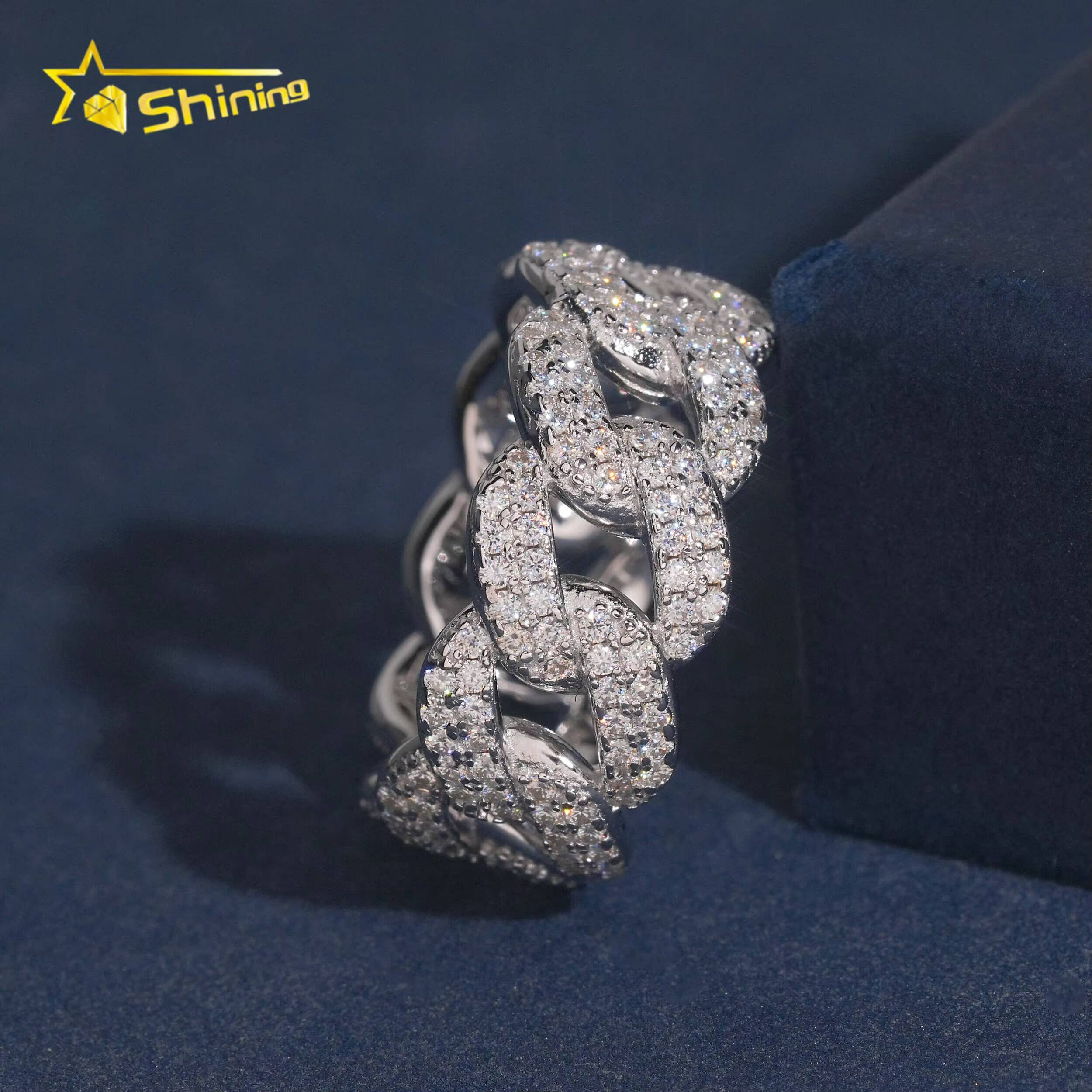 New Iced Out 925 Silver VVS Moissanite Cuban Link Ring Hip Hop Jewelry Custom Moissanite Engagement Ring for Men