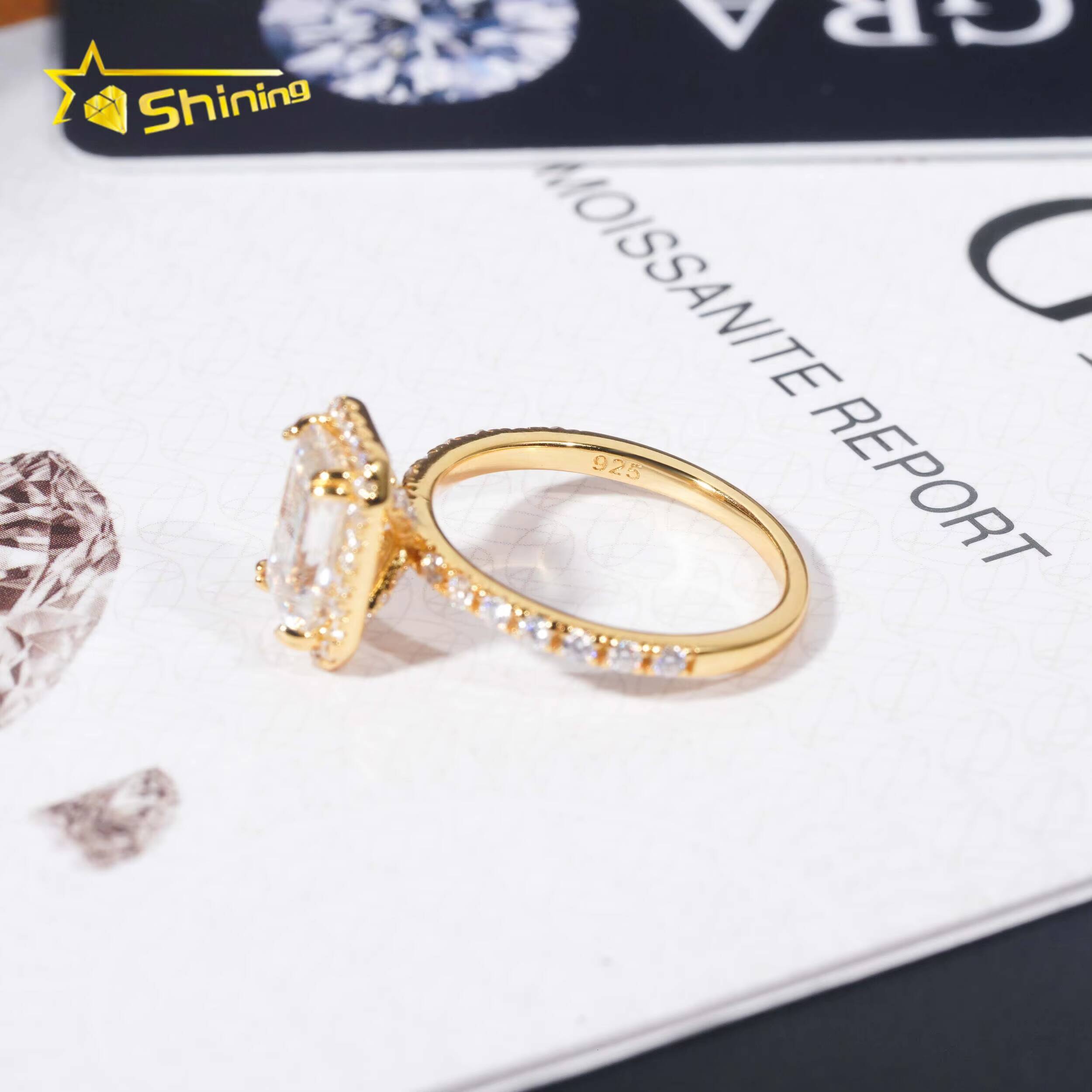 Wholesale Classic Gold Plated Vvs Moissanite Diamond 925 Silver Emerald Cut Halo Women Engagement Wedding Rings