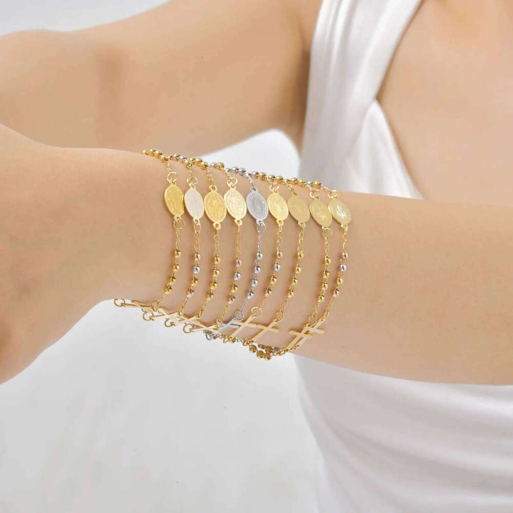 Three-color Holy Rosary Cross Bracelet for Women,Round Bead Stainless Steel Gold Color Bracelet,Virgin Mary Christianity Jewelry 25H1229