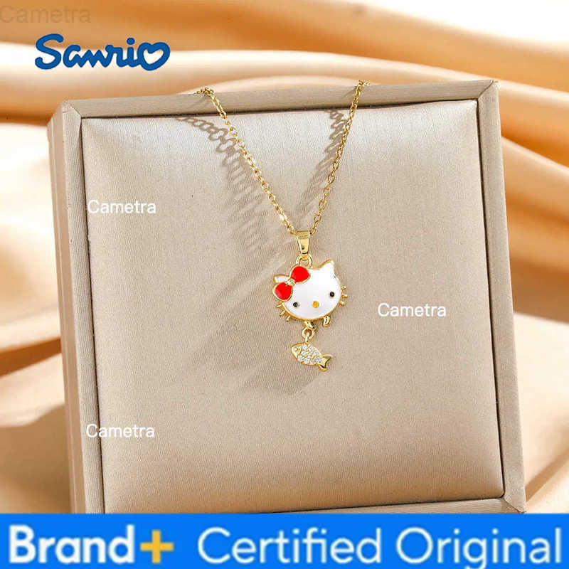 Sanrio Cartoon Cute Hello Kitty Zircon Fish Pendant Necklace for Women Girls Lovely Stainless Steel Chain Kitty Jewelry Gifts H251229