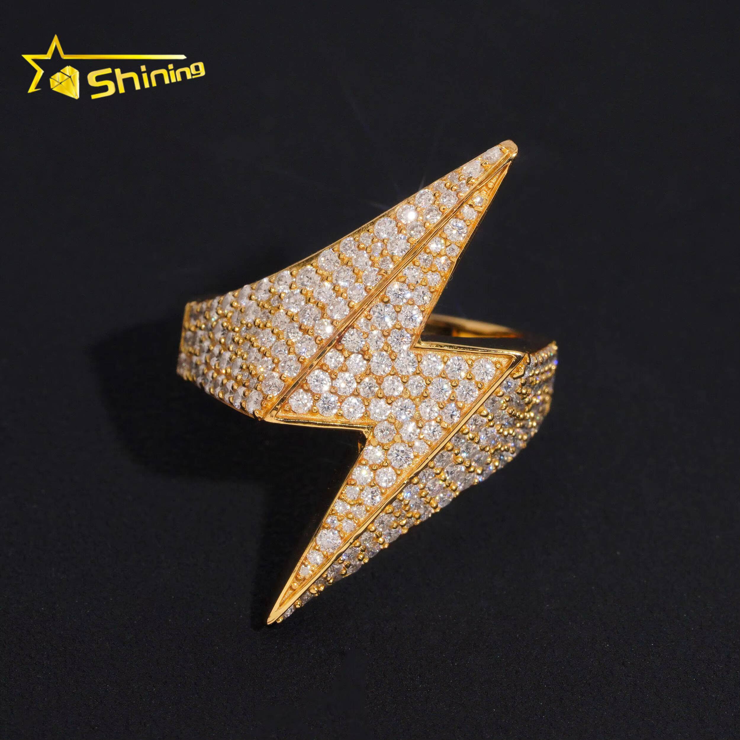 VVS Moissanite Fine Jewelry Ring High Quality 925 Sterling Silver Gold Plated Lighting Symble Pave Diamond Hip Hop Ring for Men