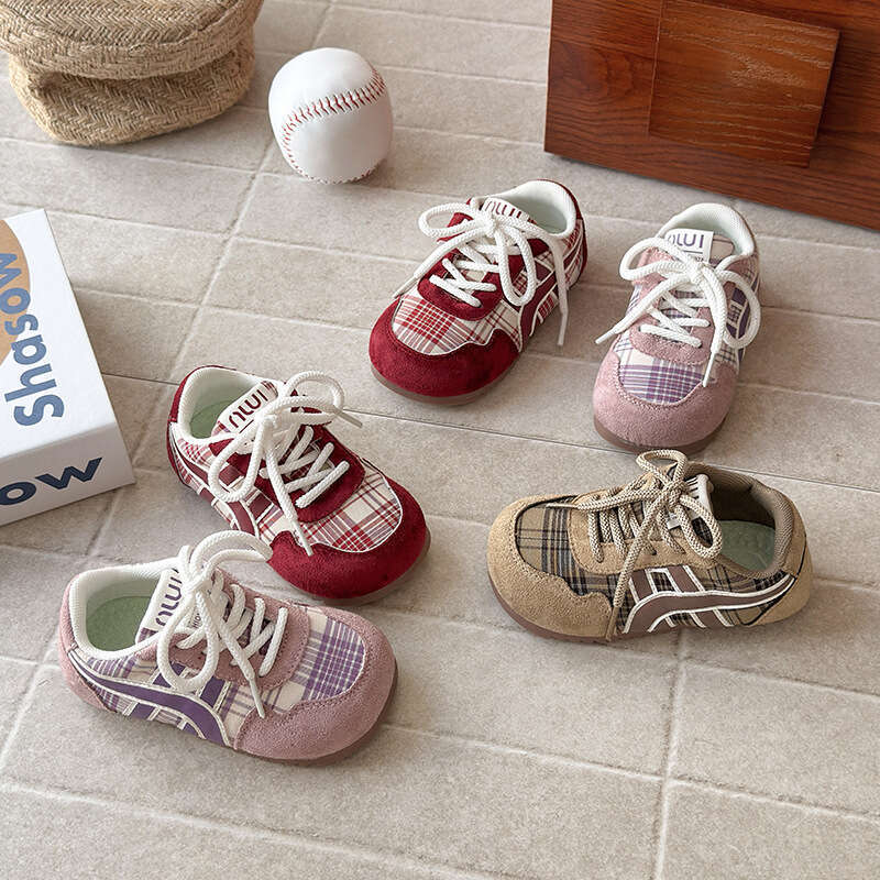 INS Retro German Training 2025 Spring and Autumn New Korean Style Girls' Plaid Forrest Gump Shoes Boys' Soft Sole Sneakers