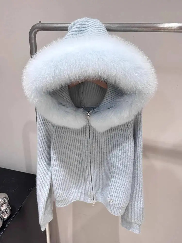 MYMX Large Real Fox Fur Hooded Knitted Cardigan For Women Zipper Long Sleeves Sweater Coat Autumn Winter MX180 251219