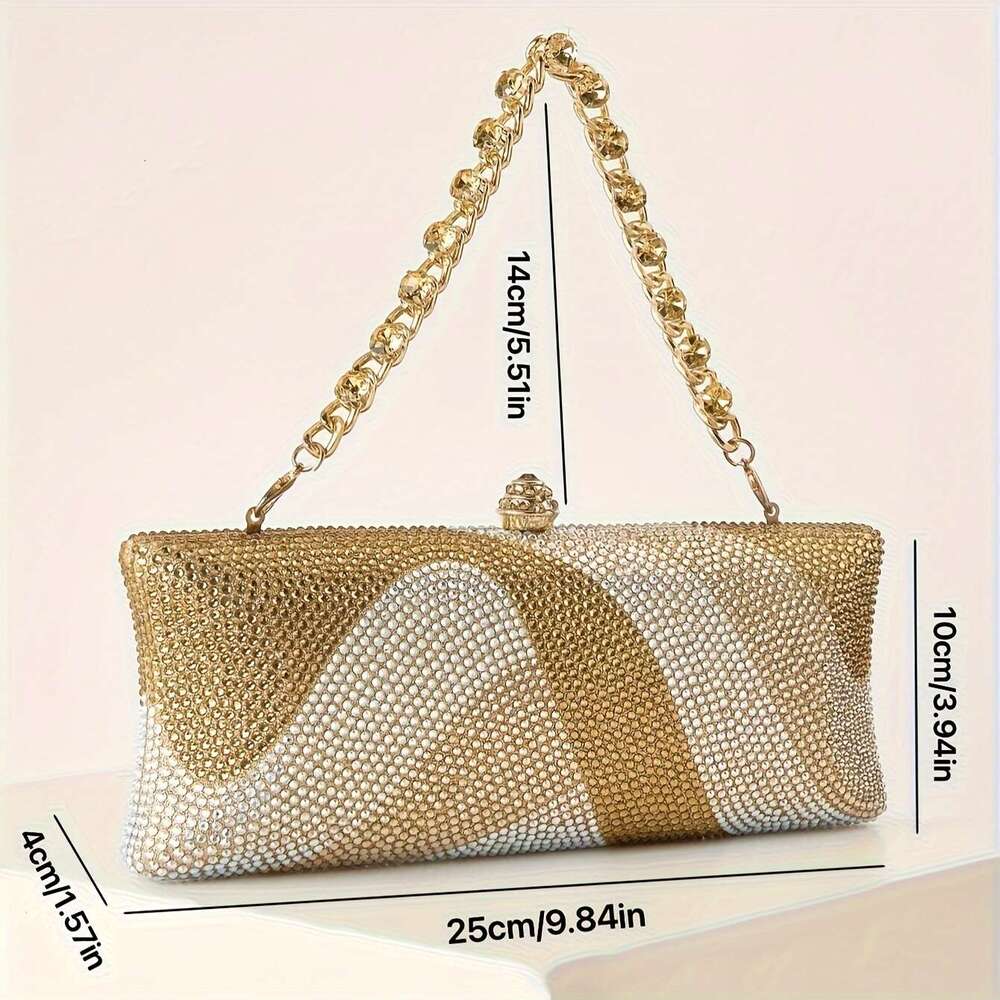 JINXIANGGUO Petite Sparkling Clutch Rhinestone Print Detachable Wrist Strap Long Chain Evening
