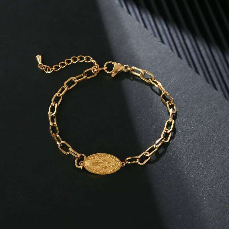 Fashion Jewelry Women's Gift High Quality Waterproof 18k Gold Plated Virgin Mary Charm Long Cross Chain Stainless Steel Bracelet 25H1229