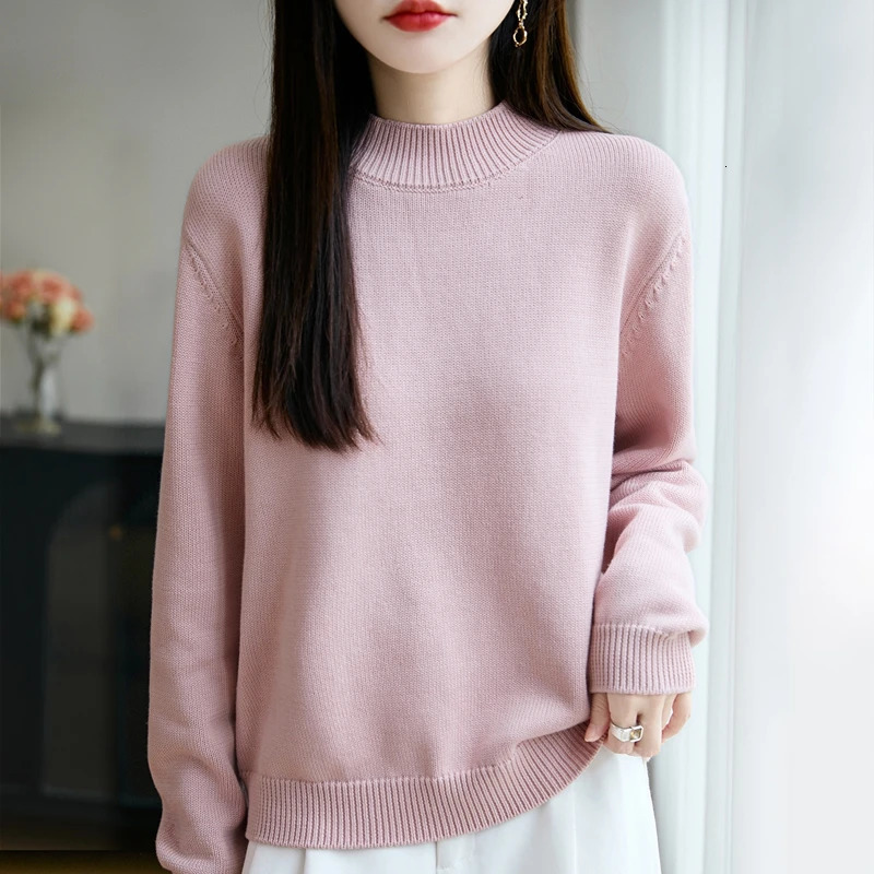 100 pure cotton womens knitted sweater solid color round neck pullover loose autumn and winter top 251216