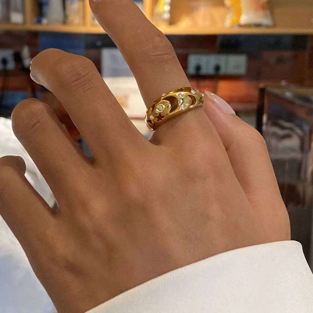 ZAKOL New Stainless Steel Hollow Star Moon Bracelet&Ring&Earrings Set for Women 18K Gold Plated Non-fading Jewelry Gift