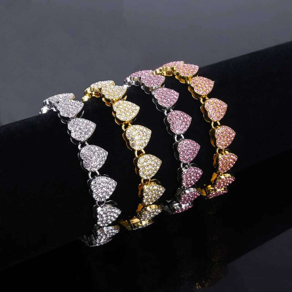 ZAKOL New 11mm Width Heart Hip Hop Bracelet Necklace Shiny Pink Clear Rhinestone CZ Street Rock Ornaments Jewelry for Women Men