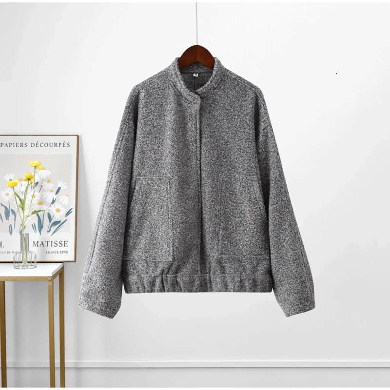 2025 Winter Female Fashion Bomber Jacket Long Sleeve Solid Color Grey Turtleneck With Pockets Single Breasted Retro Loose Coat 251225