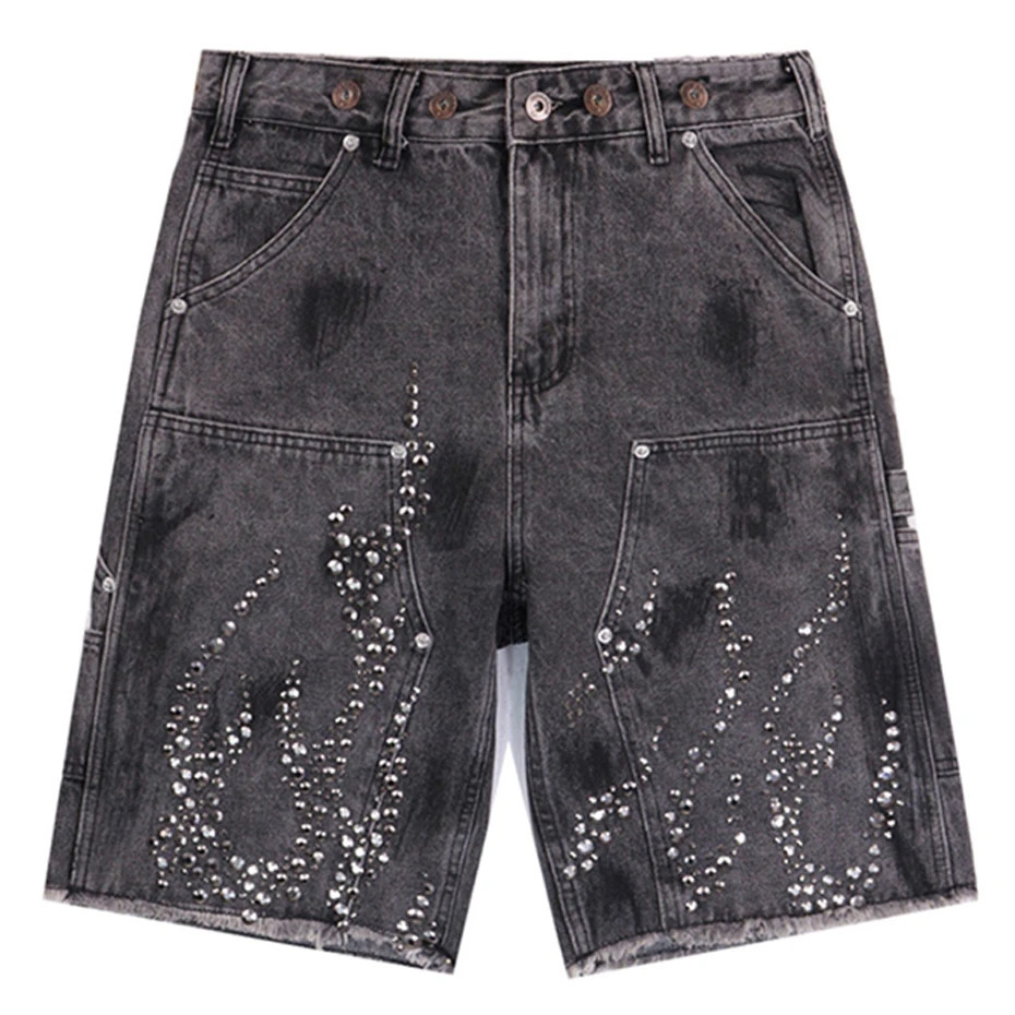 Fire Diamond Denim Shorts Vintage Rhinestone Graphic Short Jeans Men Streetwear Harajuku Hip Hop Shorts 251223