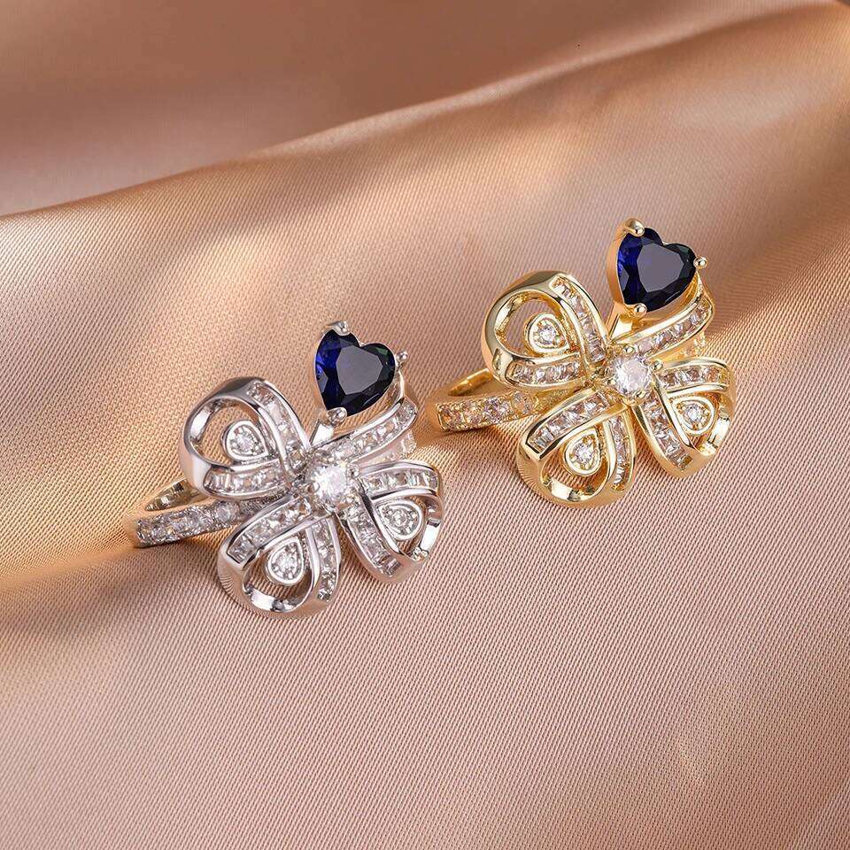 ZAKOL New Trendy Four-leaf Clover Flower Open Rings for Women Ladies Buling Dazzling Cubic Zirconia Engagement Ring Gift