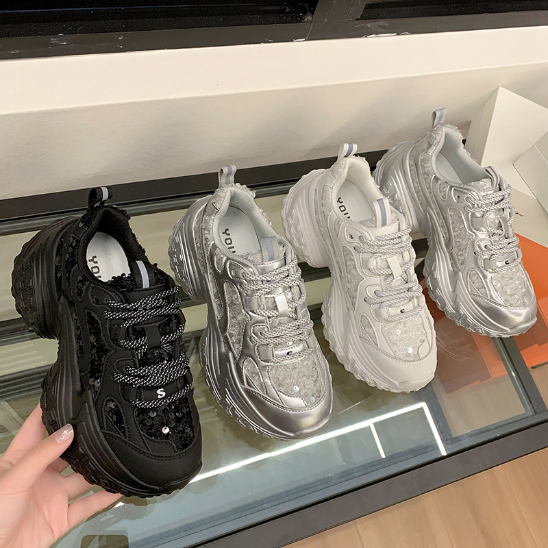 2026 Spring and Summer New Design Women Mesh Sequin Casual Shoes Tire Thick Sole Trendy Fashion Sports Shoes White Silver Black Free Shipping Size 35-