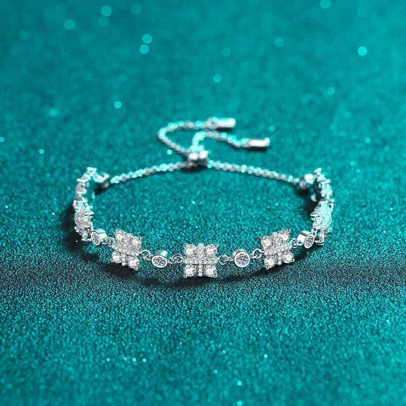 2.16 Ct Moissanite S925 Sterling Silver Bracelets for Women Plated Pt950 Cross Flowers Adjustable Lover's Gift Jewelry 25H1229