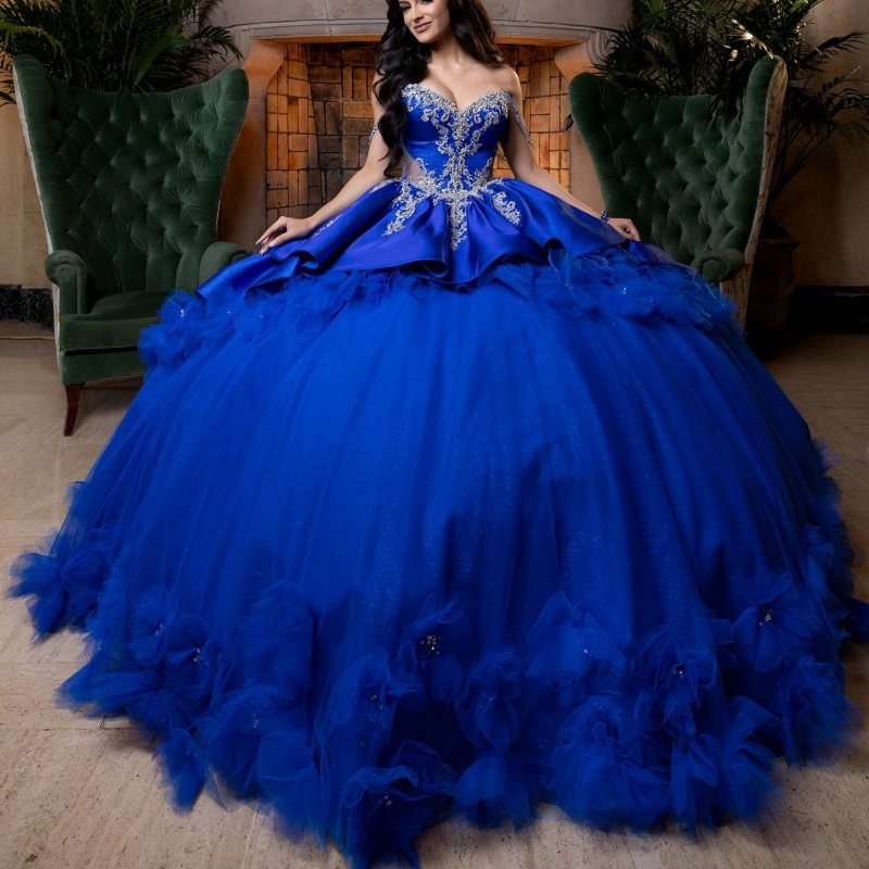 Royal Blue Shiny Quinceanera Dresses Ball Gown Off The Shoulder Applique Lace Beading Crystal Bow Tiered Tull Corset Party Birthday Sweet 16 Dres Vest
