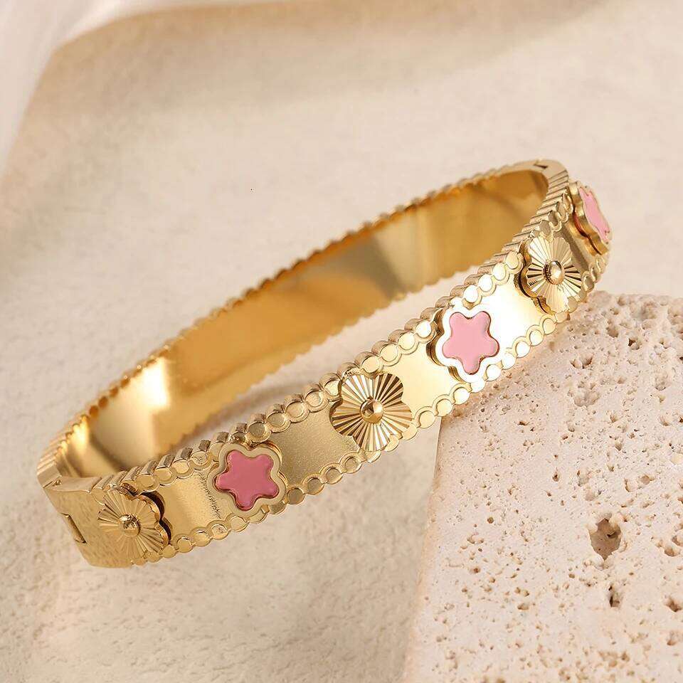 ZAKOL Luxury Pink Geometric Zircon Stainless Steel Bracelets for Women Gold Color Open Bangle Anniversary Jewelry Gifts 2025 New