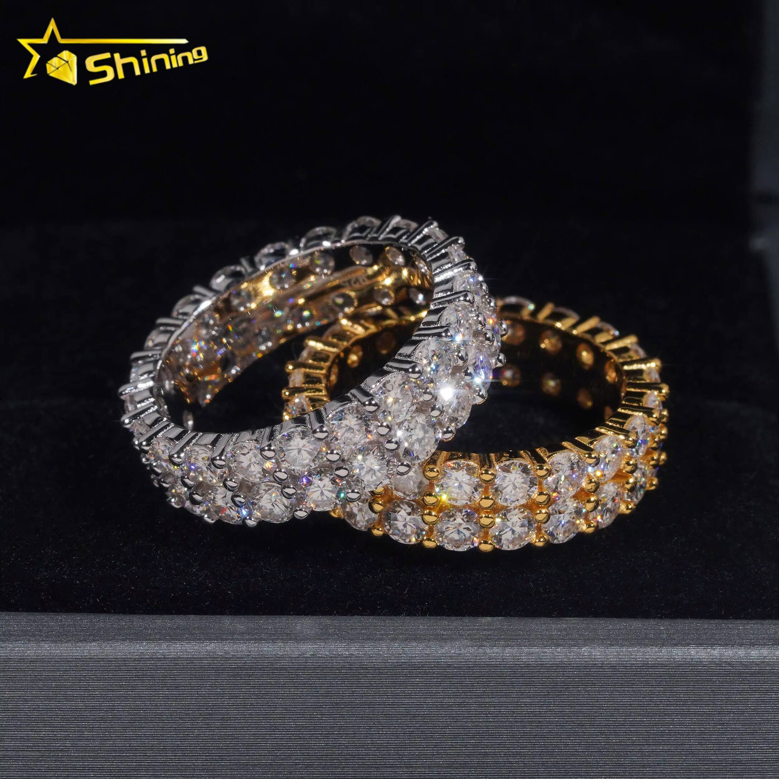 Fine Jewelry GRA Solid 925 Sterling Silver Gold Plated Iced Out Diamond Moissanite Fully Iced Double Rows Wedding Band Ring