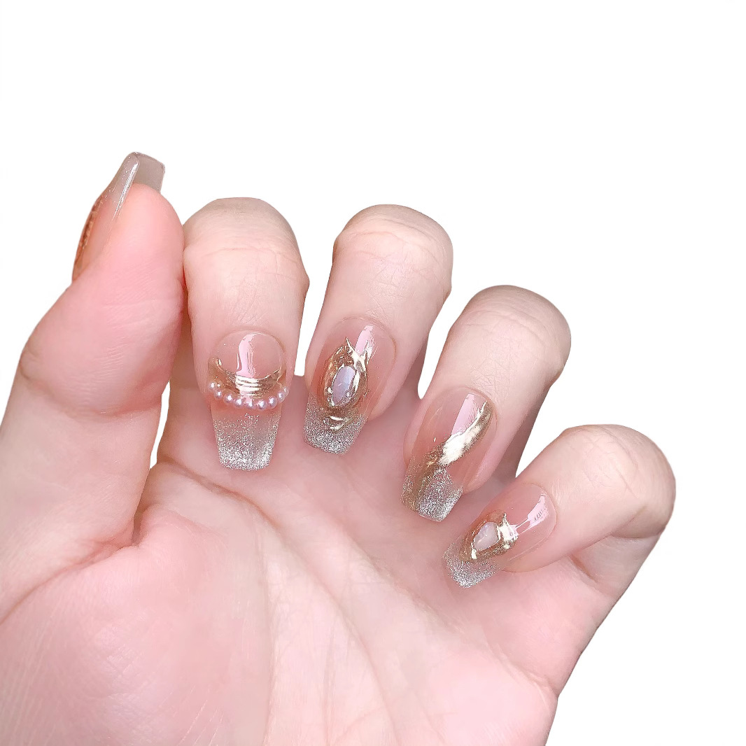 girly acrylic fake nails with shiny stars rhinestones trendy french style for feminine nail enhancements