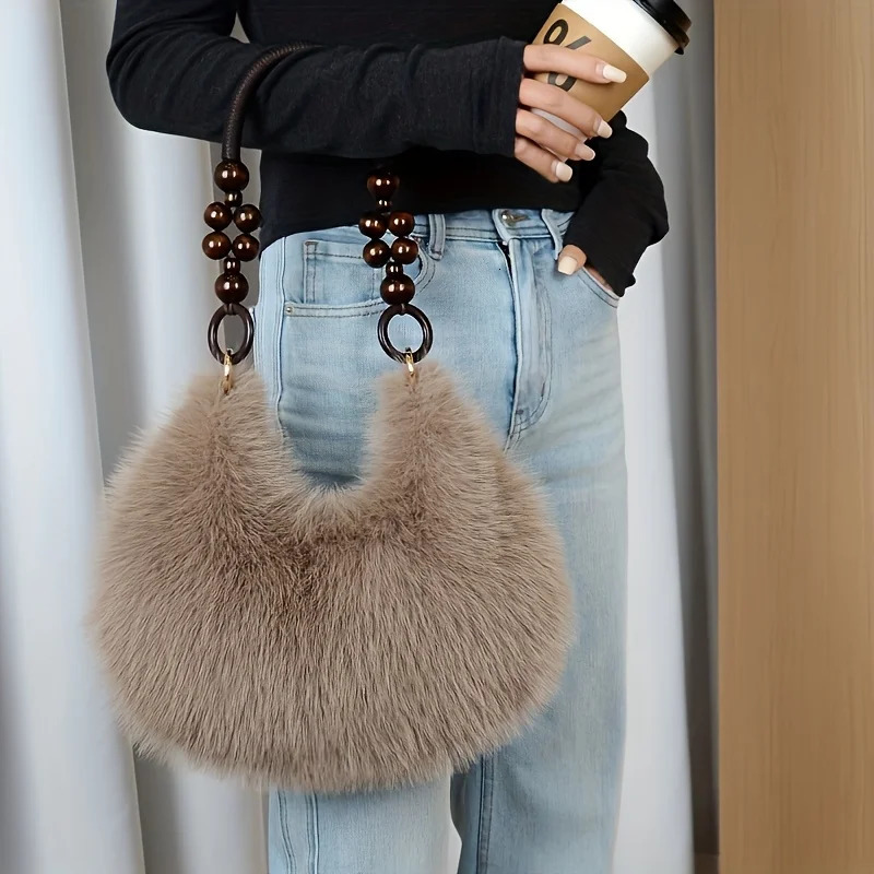 Womens Faux Handbag Plush Tote Purse with Bead Accented Strap Zipper Clre Elegant Handbags Shoulder Bags for Everyday 251216